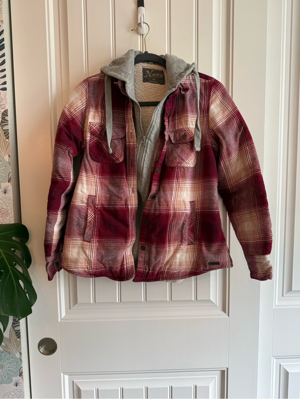 Natural Reflections Hooded Flannel Shirt Jacket Medium Burgundy Sherpa Lined